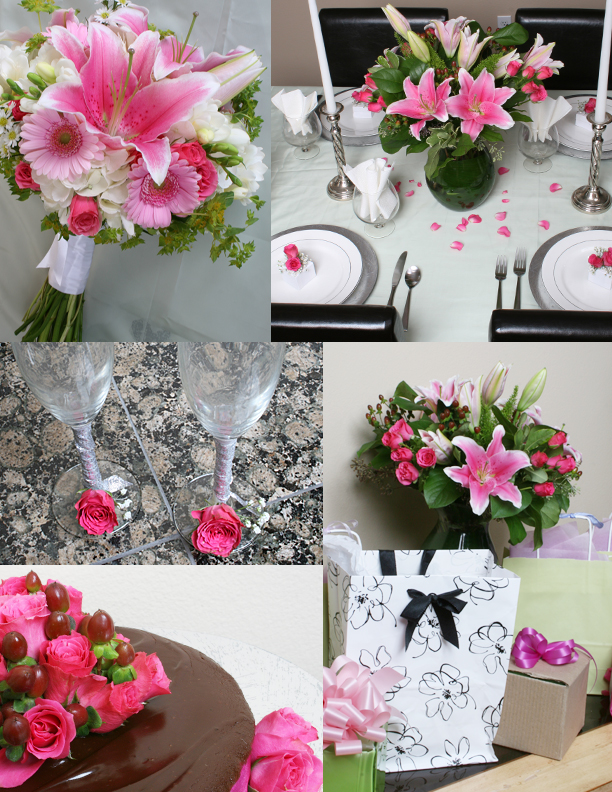 hot pink flowers with white accents Blushing pink roses gerbs and lilies 