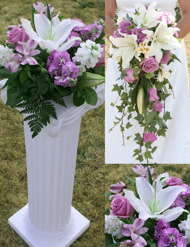 wedding with cascading bouquet Table arrangements are low and colorful